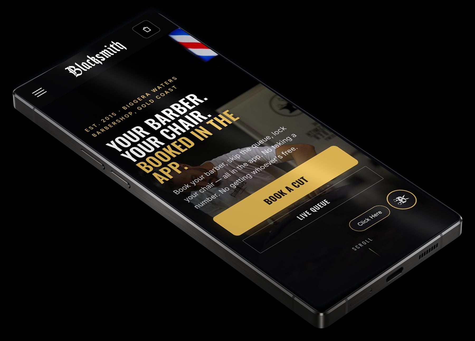 The Blacksmith Barbers site we built, on a phone