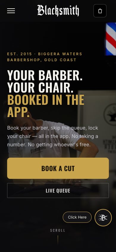 Blacksmith Barbers on a phone — Est. 2015, Biggera Waters barbershop, Gold Coast, with Book a cut under the headline