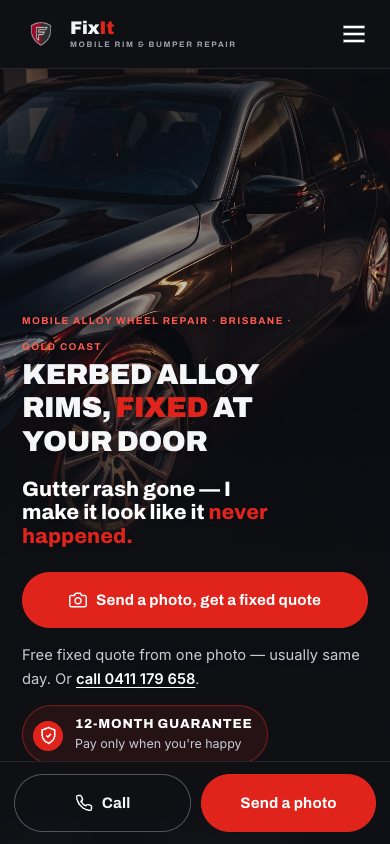FixIt Alloy Repairs on a phone — the call and send-a-photo bar pinned to the bottom of the screen