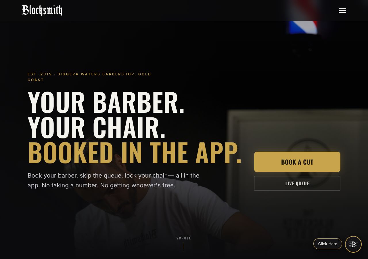 The Blacksmith Barbers site — booking, live queue and invoicing