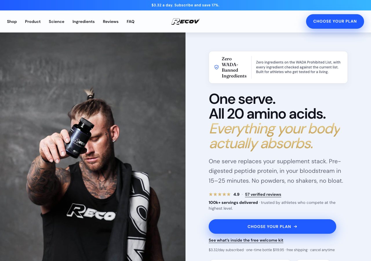 The Recov product page with its plan picker