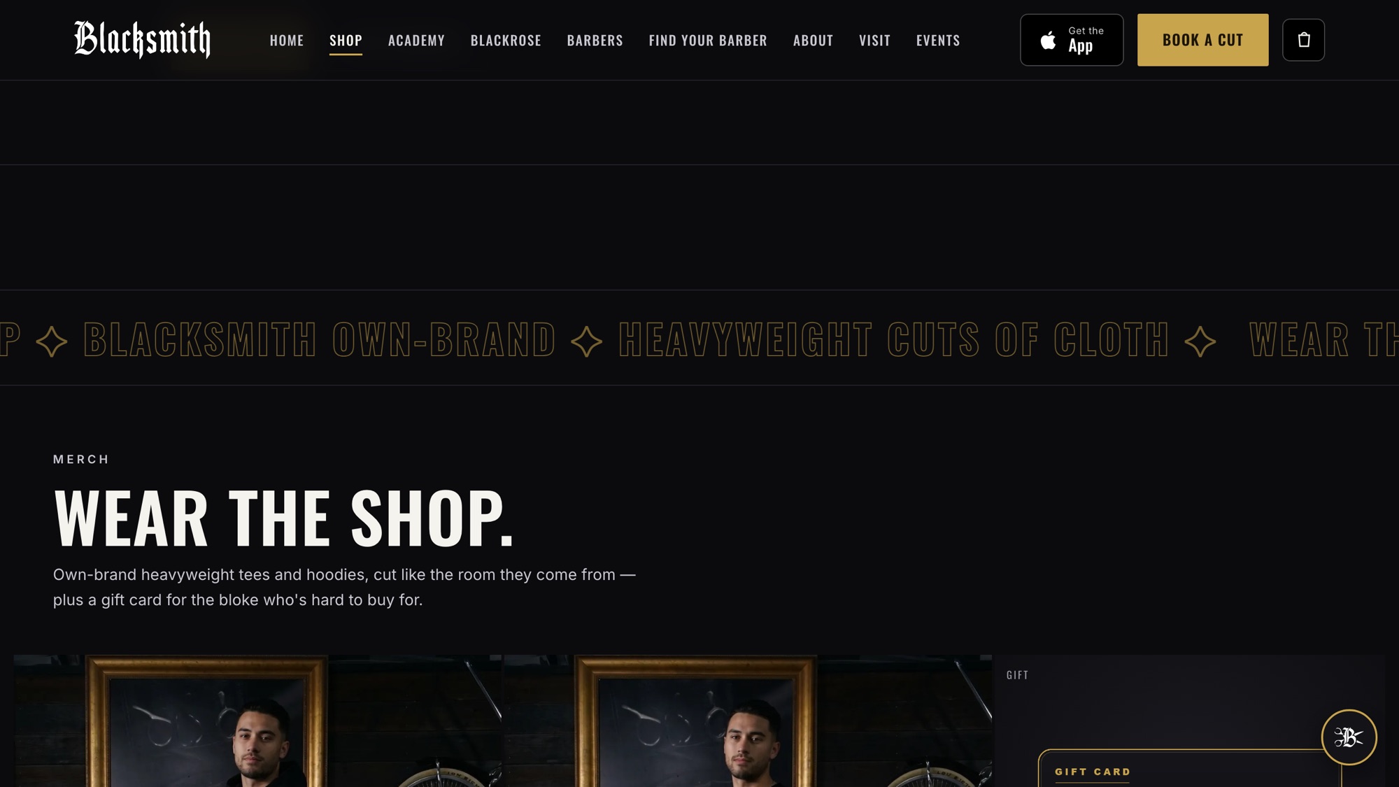 The merch shop: own-brand tees and hoodies with prices and an add-to-cart