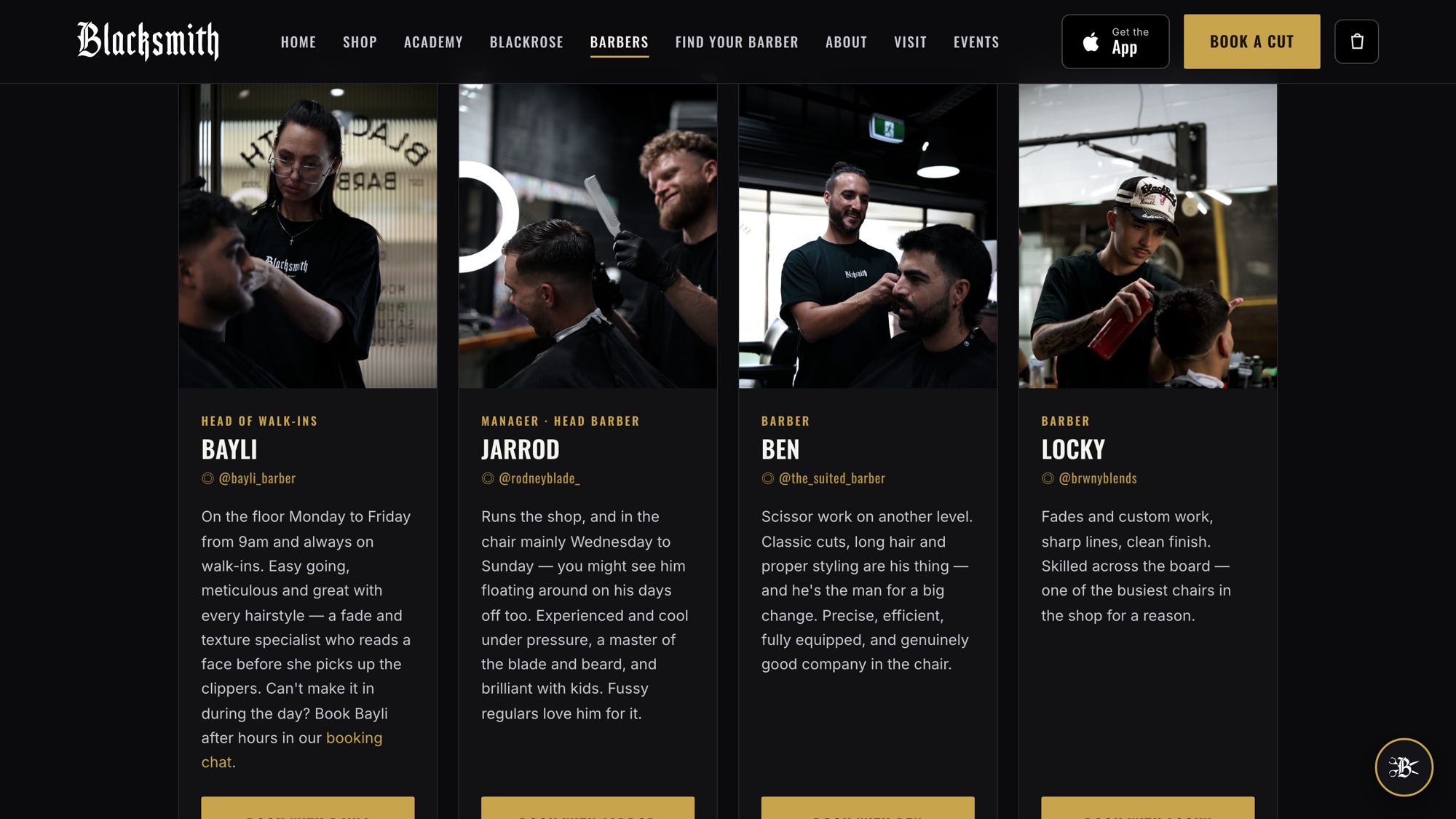 The barber roster: Bayli, Jarrod, Ben and Locky, each with their own hours and their own book button