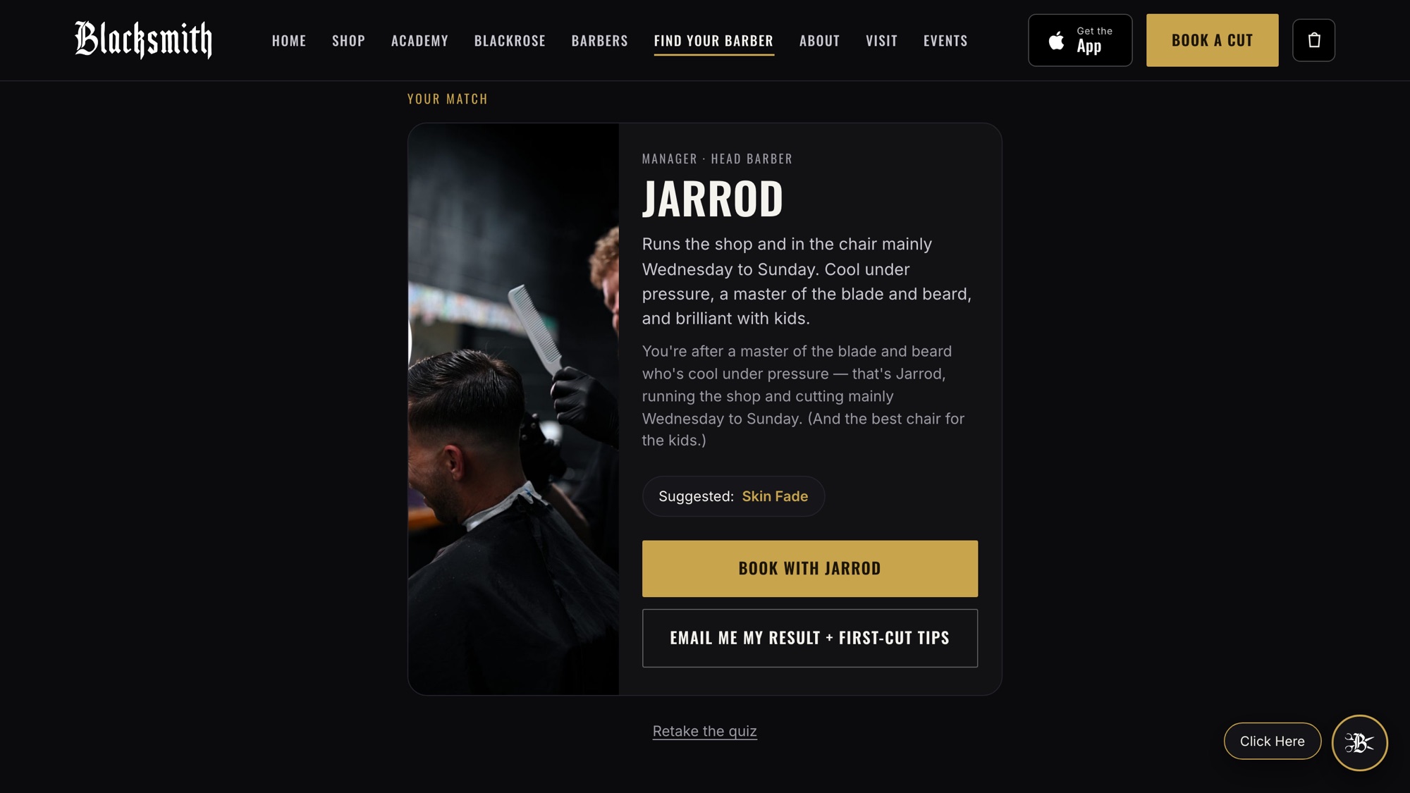 Four clicks later: Jarrod, his hours, why he was the match, and a button with his name on it