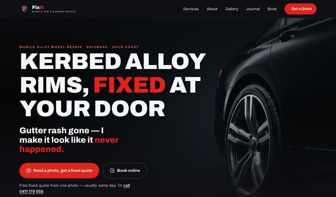 The FixIt Alloy Repairs page — one headline, a send-a-photo button, a book-online button and a phone number, and nothing else
