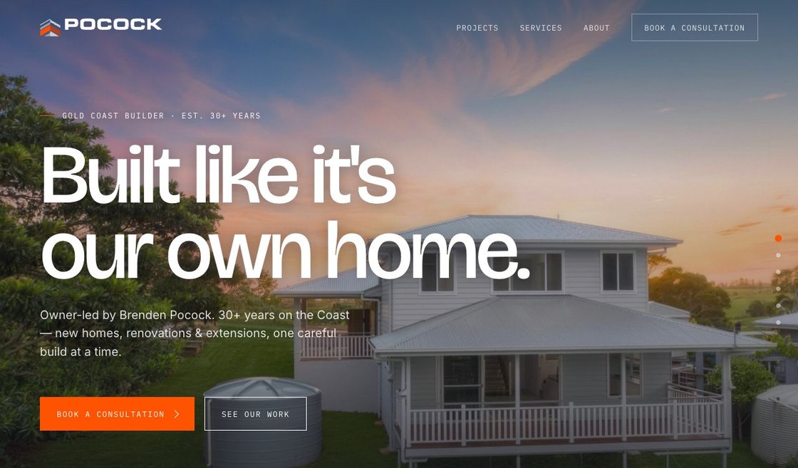 The Pocock Constructions homepage — a Gold Coast builder, with projects, services, about and book a consultation across the top