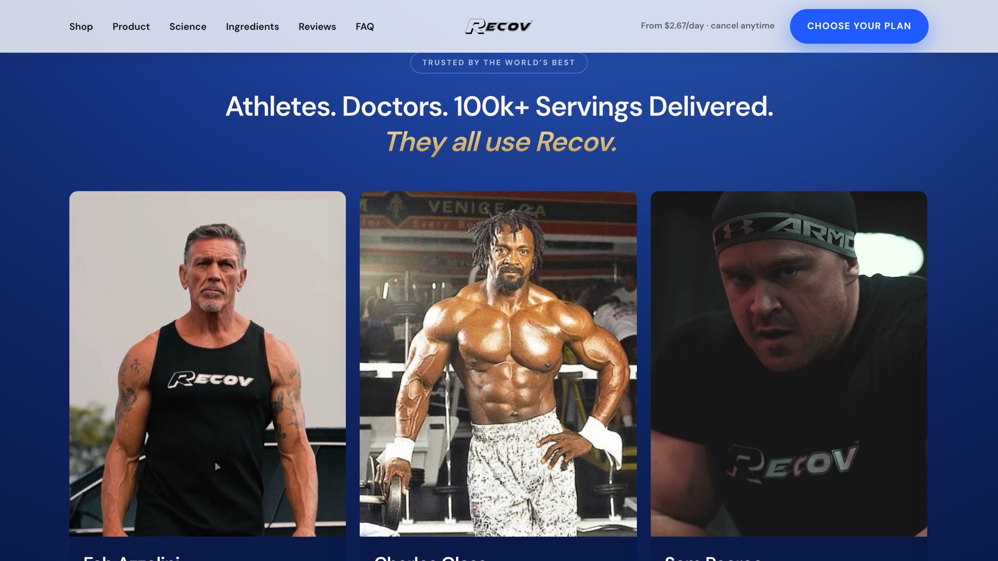 The proof row: athletes and doctors who use Recov, each named and credited