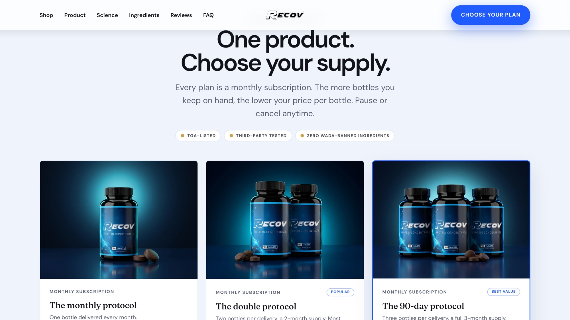 The plan picker: one product, three supply lengths, each one a monthly subscription