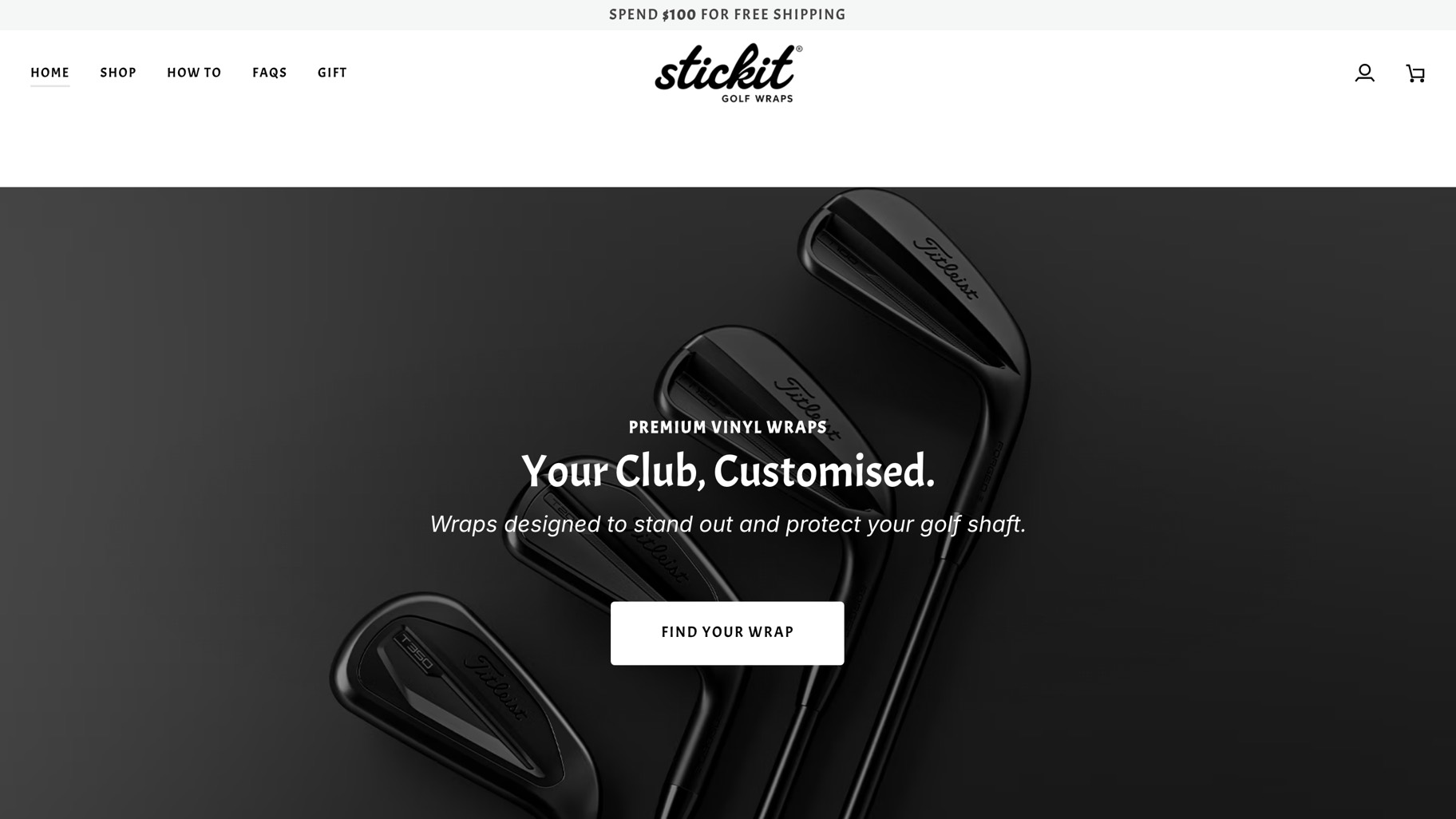 The Stick It Golf home page: Your Club, Customised, over a set of wrapped irons