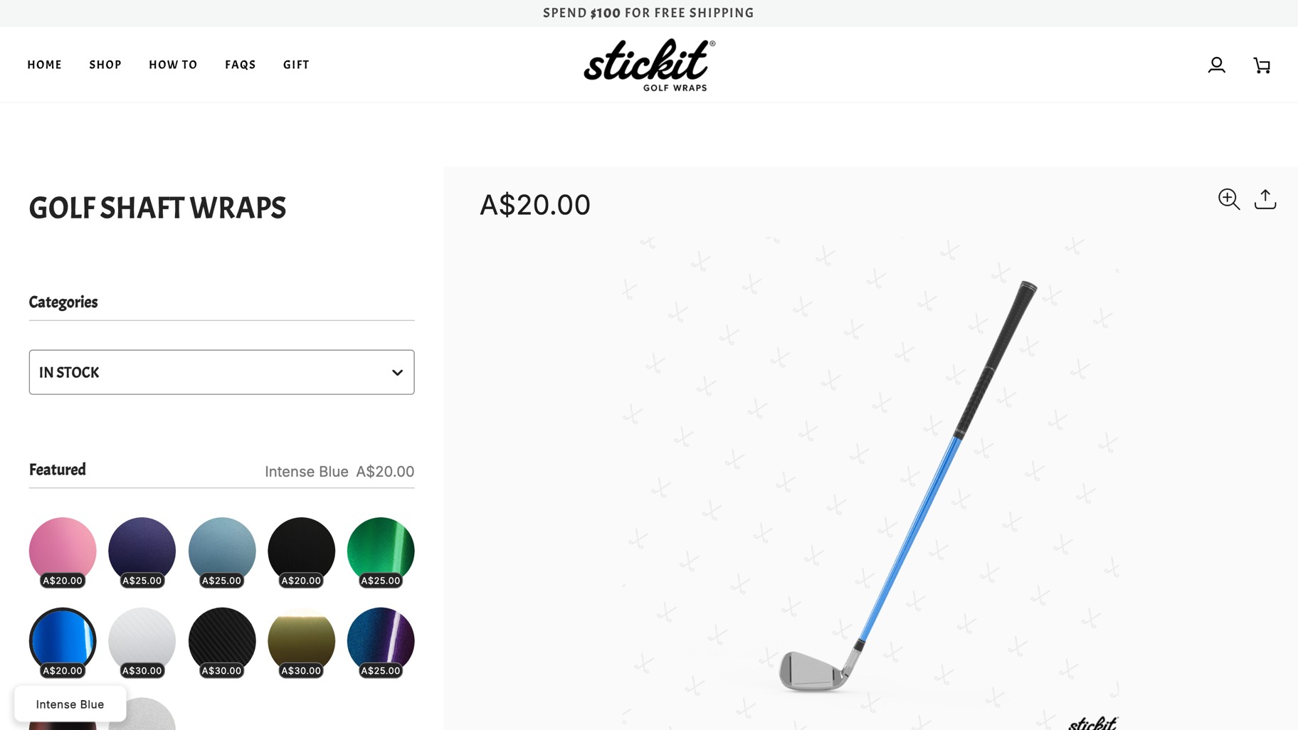 The configurator with an Intense Blue shaft on screen at A$20