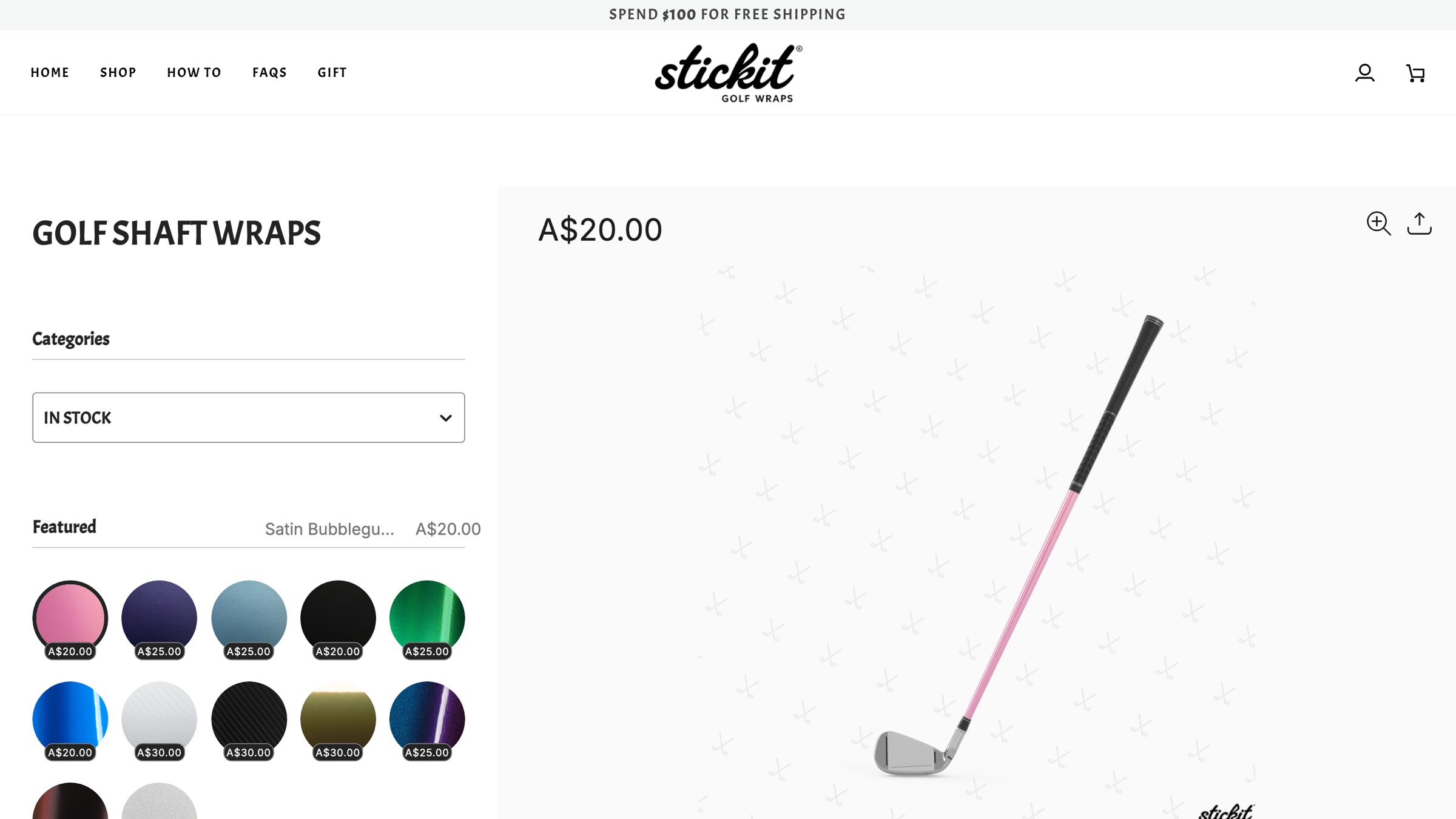 The configurator with a Satin Bubblegum shaft on screen, priced A$20